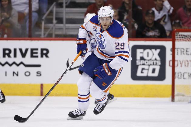 Edmonton Oilers center Leon Draisaitl (29) skates with the puck against the Arizona Coyotes during the first period of an NHL hockey game Friday, Nov. 25, 2016, in Glendale, Ariz. The Coyotes defeated the Oilers 3-2 in a shootout. (AP Photo/Ross D. Franklin)