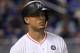 MIAMI, FL - AUGUST 16: Giancarlo Stanton #27 of the Miami Marlins reacts to being by a pitch in the second inning during a game against the San Francisco Giants at Marlins Park on August 16, 2017 in Miami, Florida. (Photo by Mike Ehrmann/Getty Images)