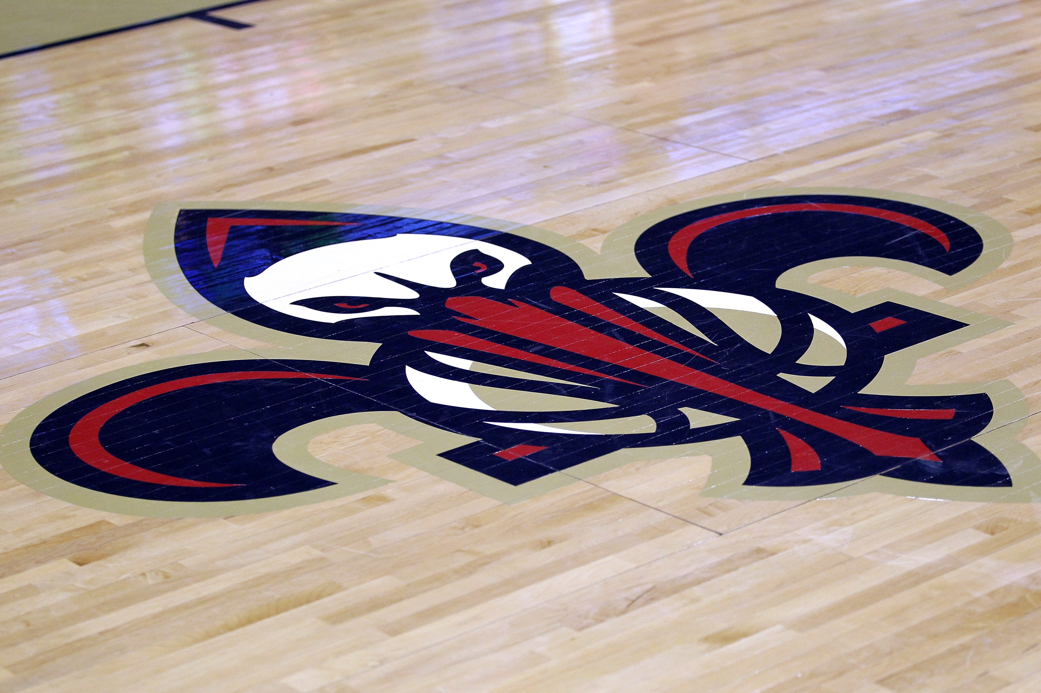 The New Orleans Pelicans' logo is seen before an NBA basketball game against the Golden State Warriors in New Orleans, Saturday, Jan. 18, 2014. (AP Photo/Jonathan Bachman)