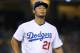 Los Angeles Dodgers starting pitcher Yu Darvish closes his eyes after giving up a solo home run to Chicago White Sox's Jose Abreu during the sixth inning of a baseball game, Wednesday, Aug. 16, 2017, in Los Angeles. (AP Photo/Mark J. Terrill)