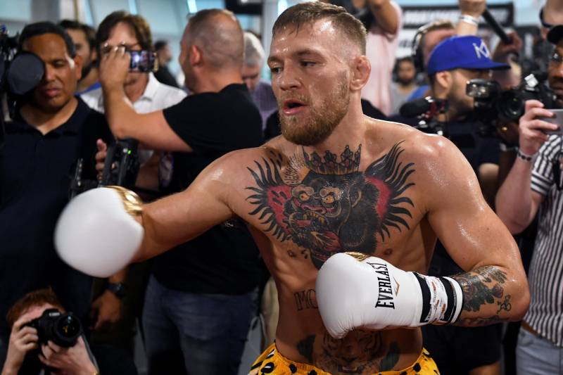 LAS VEGAS, NV - AUGUST 11: UFC lightweight champion Conor McGregor holds a media workout at the UFC Performance Institute on August 11, 2017 in Las Vegas, Nevada. McGregor will fight Floyd Mayweather Jr. in a boxing match at T-Mobile Arena on August 26 in Las Vegas. (Photo by Ethan Miller/Getty Images)