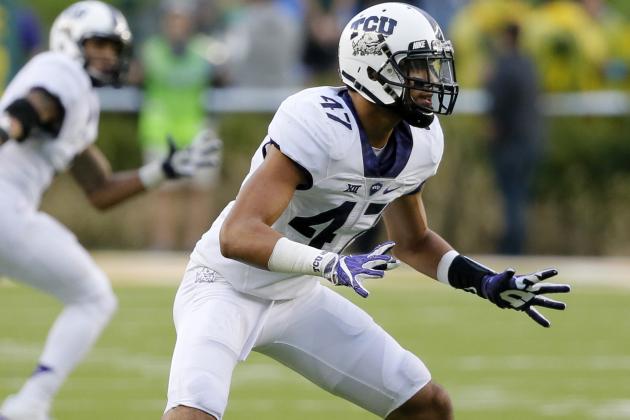 TCU defensive end Tipa Galeai defends during an NCAA college football game against Baylor on Saturday, Nov. 5, 2016, in Waco, Texas. (AP Photo/Tony Gutierrez)
