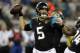 Jacksonville Jaguars quarterback Blake Bortles (5) throws a pass against the Tampa Bay Buccaneers during the first half of an NFL preseason football game, Thursday, Aug. 17, 2017, in Jacksonville, Fla. (AP Photo/John Raoux)