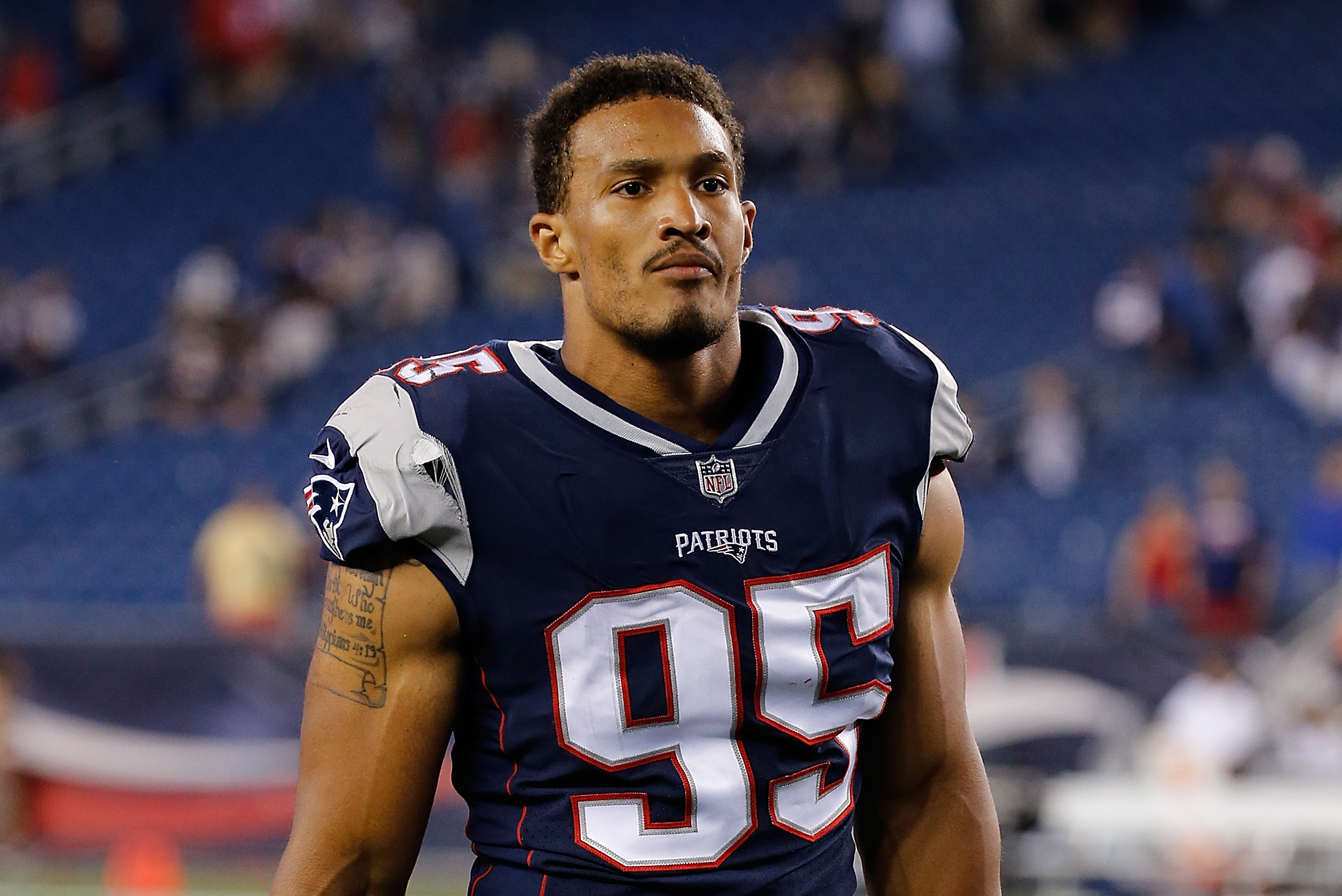 Houston Texans defensive end Derek Rivers (95) is blocked by New