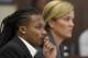 Brandon E. Banks and his attorney Katie Hagan listen during the Vanderbilt rape case trial at Justice A. A. Birch Building Monday, June 19, 2017, in Nashville, Tenn. Banks is charged with five counts of aggravated rape and two counts of aggravated sexual battery. (Lacy Atkins/The Tennessean via AP, Pool)