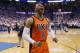 Oklahoma City Thunder guard Russell Westbrook (0) roars to the crowd before Game 4 of a first-round NBA basketball playoff series against the Houston Rockets in Oklahoma City, Sunday, April 23, 2017. (AP Photo/Sue Ogrocki)