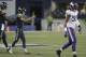 Seattle Seahawks kicker Blair Walsh, second from left, points toward the Minnesota Vikings bench after he kicked a field goal during the second half of an NFL football preseason game, Friday, Aug. 18, 2017, in Seattle. The Seahawks won 20-13. (AP Photo/Scott Eklund)
