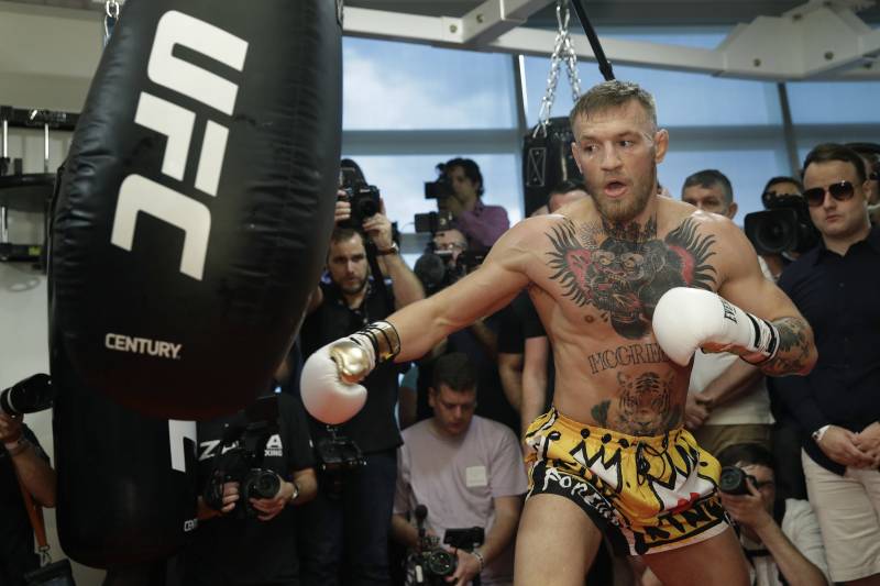 Conor McGregor trains during a media workout Friday, Aug. 11, 2017, in Las Vegas. McGregor is scheduled to fight Floyd Mayweather Jr. in a boxing match Aug. 26 in Las Vegas. (AP Photo/John Locher)