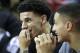 Los Angeles Lakers' Lonzo Ball sits on the bench before an NBA summer league basketball game against the Sacramento Kings, Monday, July 10, 2017, in Las Vegas. (AP Photo/John Locher)