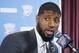 FILE - In this July 12, 2017, file photo, Oklahoma City Thunder forward Paul George answers a question at his first news conference since Oklahoma City's blockbuster trade with the Indiana Pacers, in Oklahoma City. George travels back to Indiana on Dec. 13, 2017, for the first time since the Pacers surprisingly dealt him to Oklahoma City. (AP Photo/Sue Ogrocki, File)