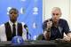 Dallas Mavericks 2017 NBA basketball first-round selectee, Dennis Smith Jr., listens as head coach Rick Carlisle, right, makes comments during a news conference, Friday, June 23, 2017, in Dallas. (AP Photo/Tony Gutierrez)