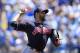 Cleveland Indians starting pitcher Danny Salazar delivers to a Kansas City Royals batter during the first inning of a baseball game at Kauffman Stadium in Kansas City, Mo., Sunday, Aug. 20, 2017. (AP Photo/Orlin Wagner)