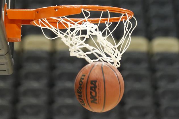 Basketballs head through the hoops in the practice session for Lafayette for an NCAA college basketball second round game in Pittsburgh Wednesday, March 18, 2015. (AP Photo/Keith Srakocic)