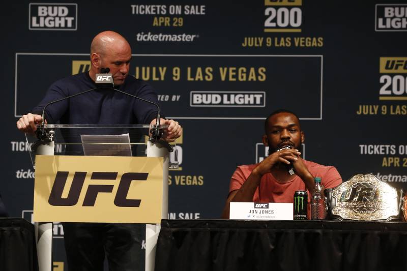 NEW YORK, NY - APRIL 27: Jon Jones speaks at a press conference with UFC president Dana White at a media availability for UFC 200 at Madison Square Garden on April 27, 2016 in New York City. (Photo by Jeff Zelevansky/Getty Images)