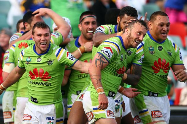 SYDNEY, AUSTRALIA - SEPTEMBER 06: Josh Hodgson celebrates his try with team mates in golden point time during the round 26 NRL match between the Parramatta Eels and the Canberra Raiders at Pirtek Stadium on September 6, 2015 in Sydney, Australia. (Photo by Renee McKay/Getty Images)