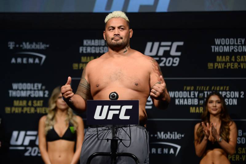 Mar 3, 2017; Las Vegas, NV, USA; Mark Hunt weighs in for his bout against Alistair Overeem (not pictured) during weigh ins for UFC 209 at T-Mobile Arena. Mandatory Credit: Joe Camporeale-USA TODAY Sports