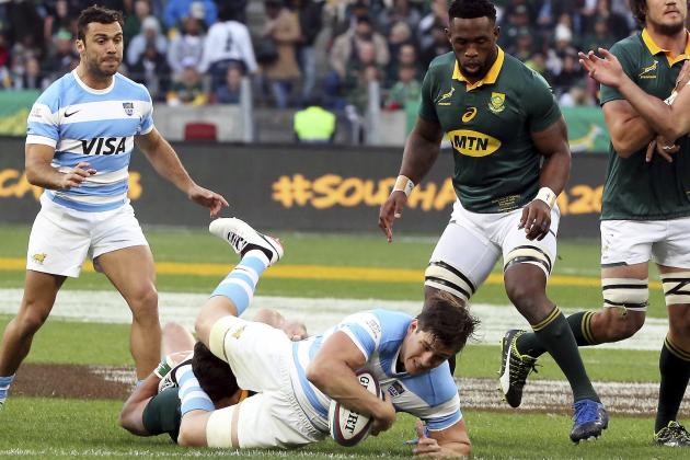 Argentina's Emiliano Boffelli, has possession of the ball during their rugby test match against South Africa in Port Elizabeth, South Africa, Saturday, Aug. 19, 2017. (AP Photo/Brian Witbooi)