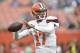 Cleveland Browns quarterback Brock Osweiler warms up before an NFL preseason football game between the New York Giants and the Cleveland Browns, Monday, Aug. 21, 2017, in Cleveland. The Browns won 10-6. (AP Photo/David Richard)