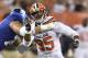 Cleveland Browns defensive end Myles Garrett (95) rushes the quarterback during an NFL preseason football game against the New York Giants, Monday, Aug. 21, 2017, in Cleveland. The Browns won 10-6. (AP Photo/David Richard)