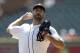 Detroit Tigers starting pitcher Justin Verlander throws during the first inning of a baseball game against the Los Angeles Dodgers, Sunday, Aug. 20, 2017, in Detroit. (AP Photo/Carlos Osorio)