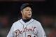 Detroit Tigers first baseman Miguel Cabrera (24) looks on during a baseball game against the Baltimore Orioles, Saturday, Aug. 5, 2017, in Baltimore. The Orioles won 5-2. (AP Photo/Nick Wass)