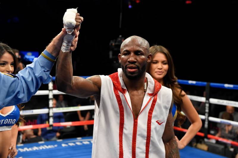 LAS VEGAS, NV - AUGUST 26: Yordenis Ugas celebrates his unanimous decision victory against Thomas Dulorme in their welterweight bout on August 26, 2017 at T-Mobile Arena in Las Vegas, Nevada. (Photo by Josh Hedges/Zuffa LLC/Zuffa LLC via Getty Images )