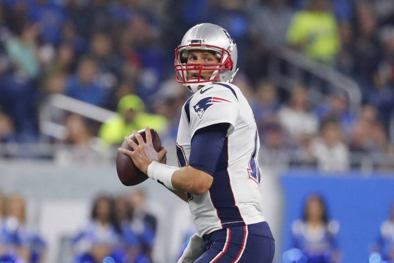 New England Patriots quarterback Tom Brady looks downfield during the first half of an NFL football game against the Detroit Lions, Friday, Aug. 25, 2017, in Detroit. (AP Photo/Rick Osentoski)
