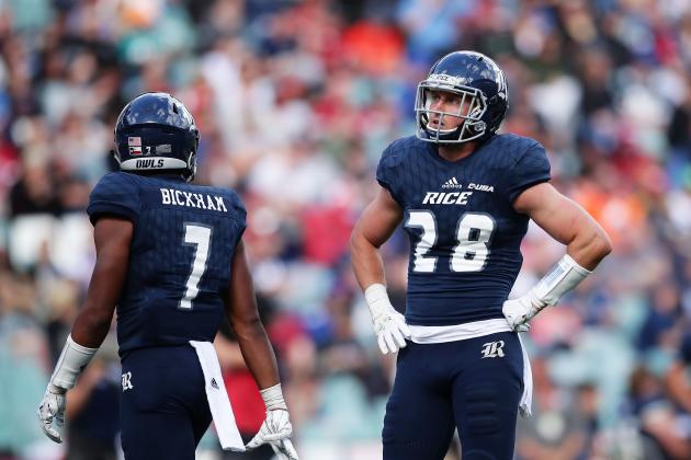 SYDNEY, AUSTRALIA - AUGUST 27: Cole Thomas of Rce looks on during the College Football Sydney Cup match between Stanford University (Stanford Cardinal) and Rice University (Rice Owls) at Allianz Stadium on August 27, 2017 in Sydney, Australia. (Photo by Matt King/Getty Images)