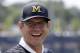 Michigan football coach Jim Harbaugh is seen, Monday, July 17, 2017, in Ann Arbor, Mich. (AP Photo/Carlos Osorio)