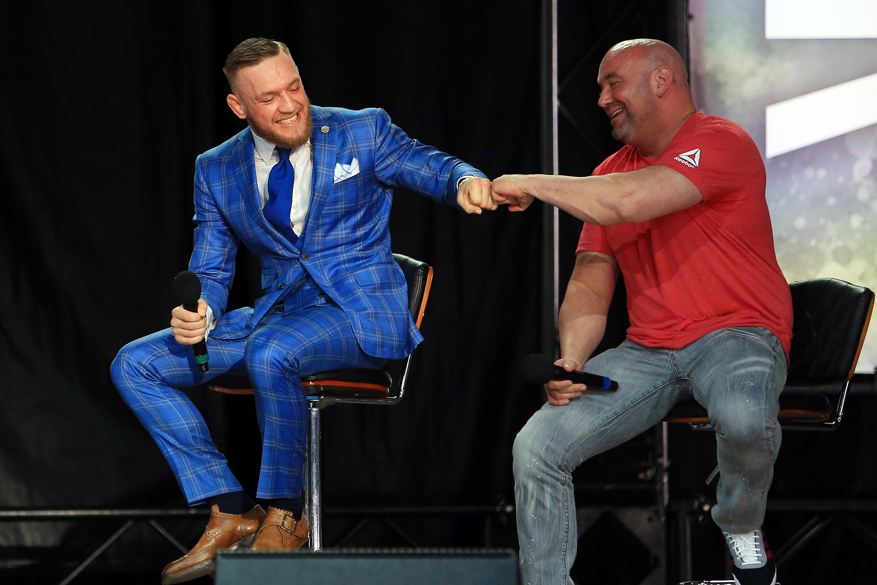 TORONTO, ON - JULY 12: Conor McGregor shakes hands with UFC President Dana White during the Floyd Mayweather Jr. v Conor McGregor World Press Tour at Budweiser Stage on July 12, 2017 in Toronto, Canada. (Photo by Vaughn Ridley/Getty Images)