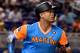 Aug 26, 2017; Miami, FL, USA; Miami Marlins right fielder Giancarlo Stanton (27) connects for a base hit in the third inning against the San Diego Padres at Marlins Park. Mandatory Credit: Steve Mitchell-USA TODAY Sports