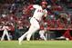 ANAHEIM, CA - AUGUST 28: Cameron Maybin #9 of the Los Angeles Angels of Anaheim runs to first base on his double to left field during the first inning of the MLB game against the Oakland Athletics at Angel Stadium of Anaheim on August 28, 2017 in Anaheim, California. The Angels defeated the Athletics 3-1. (Photo by Victor Decolongon/Getty Images)