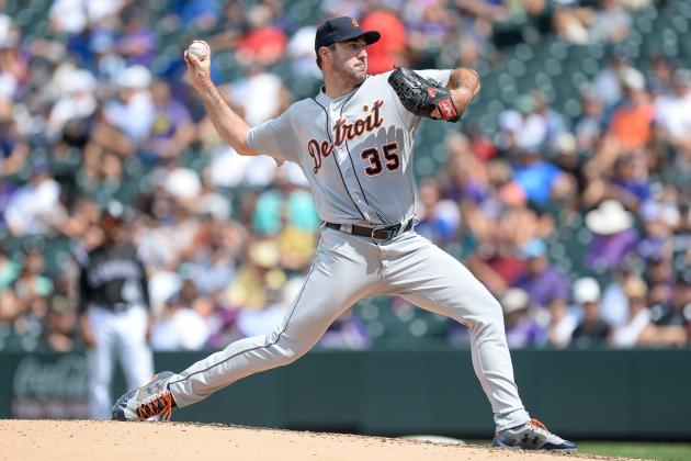 DENVER, CO - AUGUST 30: Justin Verlander #35 of the Detroit Tigers pitches against the Colorado Rockies in the third inning of a game at Coors Field on August 30, 2017 in Denver, Colorado.  (Photo by Dustin Bradford/Getty Images)
