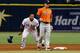 ST. PETERSBURG, FL - AUGUST 31: Carlos Gomez #14 of the Texas Rangers steals second base ahead of shortstop Alex Bregman #2 of the Houston Astros during the second inning of a game on August 31, 2017 at Tropicana Field in St. Petersburg, Florida. (Photo by Brian Blanco/Getty Images)