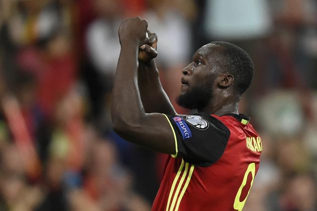 Belgium's forward Romelu Lukaku celebrates after scoring during the 2018 FIFA World Cup qualifying football match between Belgium and Gibraltar, at the Dufrasne Stadium, on August 31, 2017 in Sclessin.  / AFP PHOTO / JOHN THYS        (Photo credit should read JOHN THYS/AFP/Getty Images)