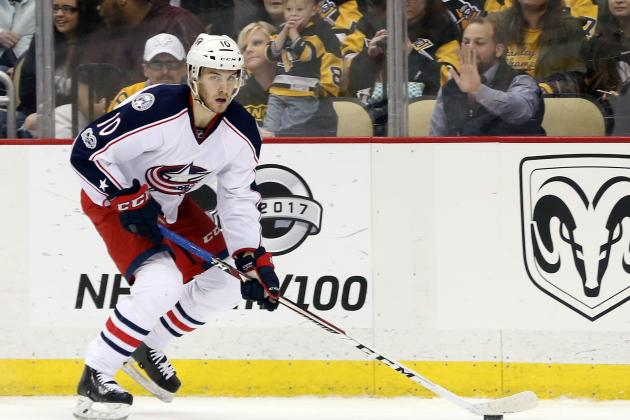 Apr 4, 2017; Pittsburgh, PA, USA;  Columbus Blue Jackets center Alexander Wennberg (10) skates with puck against the Pittsburgh Penguins during the third period at the PPG PAINTS Arena. The Penguins won 4-1. Mandatory Credit: Charles LeClaire-USA TODAY Sports