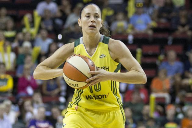 SEATTLE, WA - AUGUST 27: Sue Bird #10 of the Seattle Storm passes the ball during the game against the Phoenix Mercury during a WNBA game on August 27, 2017 at Key Arena in Seattle, Washington. NOTE TO USER: User expressly acknowledges and agrees that, by downloading and/or using this Photograph, user is consenting to the terms and conditions of Getty Images License Agreement. Mandatory Copyright Notice: Copyright 2017 NBAE (Photo by Stephen Brashear/NBAE via Getty Images)