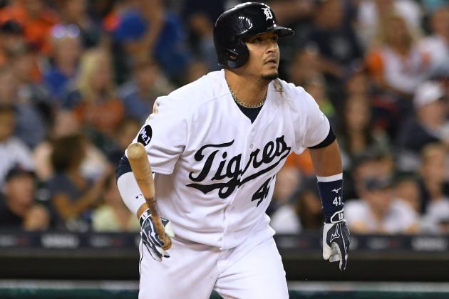 DETROIT, MI - AUGUST 12:  Victor Martinez #41 of the Detroit Tigers bats while wearing a special jersey to honor the ¡Fiesta Tigres! celebration game against the Minnesota Twins at Comerica Park on August 12, 2017 in Detroit, Michigan. The Tigers defeated the Twins 12-11.  (Photo by Mark Cunningham/MLB Photos via Getty Images)