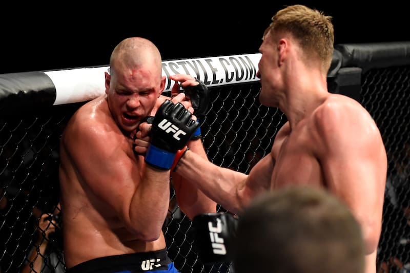 ROTTERDAM, NETHERLANDS - SEPTEMBER 02: (R-L) Alexander Volkov of Russia punches Stefan Struve of The Netherlands in their heavyweight bout during the UFC Fight Night event at the Rotterdam Ahoy on September 2, 2017 in Rotterdam, Netherlands. (Photo by Josh Hedges/Zuffa LLC/Zuffa LLC via Getty Images)