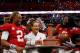 ATLANTA, GA - SEPTEMBER 02: Bo Scarbrough #9, head coach Nick Saban, and Jalen Hurts #2 of the Alabama Crimson Tide celebrate with the Chick-fil-A Kick-Off Game trophy after defeating the Florida State Seminoles 24-7 in their game at Mercedes-Benz Stadium on September 2, 2017 in Atlanta, Georgia. (Photo by Kevin C. Cox/Getty Images)