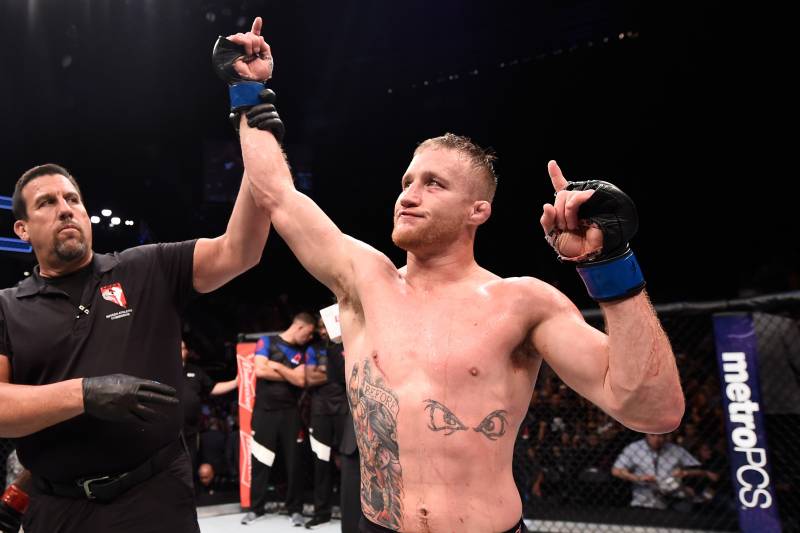 LAS VEGAS, NV - JULY 07: Justin Gaethje celebrates after defeating Michael Johnson in their lightweight bout during The Ultimate Fighter Finale at T-Mobile Arena on July 7, 2017 in Las Vegas, Nevada. (Photo by Brandon Magnus/Zuffa LLC/Zuffa LLC via Getty Images)