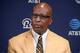 Aug 29, 2017; Thousand Oaks, CA, USA; Los Angeles Rams former running back Eric Dickerson wears a Pro Football Hall of Fame gold jacket during a press conference after signing a one-day contract to retire as a member of the Rams at Cal Lutheran University. Mandatory Credit: Kirby Lee-USA TODAY Sports