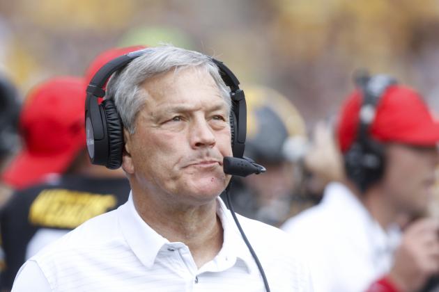 IOWA CITY, IOWA- SEPTEMBER 2:  Head coach Kirk Ferentz of the Iowa Hawkeyes walks the sidelines during the first half against the Wyoming Cowboys on September 2, 2017 at Kinnick Stadium in Iowa City, Iowa.  (Photo by Matthew Holst/Getty Images)