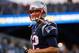FOXBORO, MA - AUGUST 31: Tom Brady #12 of the New England Patriots reacts before a preseason game with the New York Giants at Gillette Stadium on August 31, 2017 in Foxboro, Massachusetts. (Photo by Jim Rogash/Getty Images)