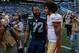 SEATTLE, WA - SEPTEMBER 25: Quarterback Colin Kaepernick #7 of the San Francisco 49ers talks with defensive end Michael Bennett #72 of the Seattle Seahawks after the game at CenturyLink Field on September 25, 2016 in Seattle, Washington. (Photo by Otto Greule Jr/Getty Images)