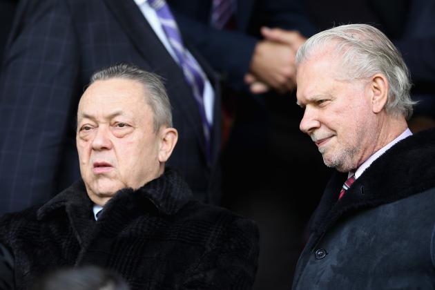 BURNLEY, ENGLAND - MAY 21:  West Ham United owners David Sullivan and David Gold look on prior to the Premier League match between Burnley and West Ham United at Turf Moor on May 21, 2017 in Burnley, England.  (Photo by Mark Robinson/Getty Images)