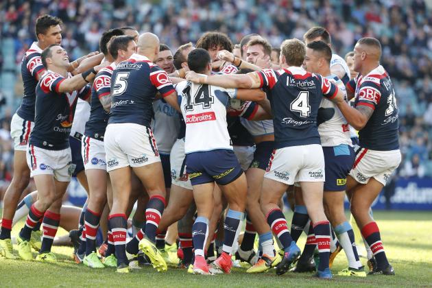 SYDNEY, AUSTRALIA - SEPTEMBER 02: Roosters and Titans players push each other during the round 26 NRL match between the Sydney Roosters and the Gold Coast Titans at Allianz Stadium on September 2, 2017 in Sydney, Australia. (Photo by Daniel Munoz/Getty Images)