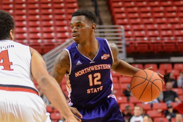 LUBBOCK, TX - NOVEMBER 25: Jalan West #12 of the Northwestern State Demons dribbles the ball while defended by Justin Jamison #4 of the Texas Tech Red Raiders during game action on November 25, 2014 at United Supermarkets Arena in Lubbock, Texas. (Photo by John Weast/Getty Images)