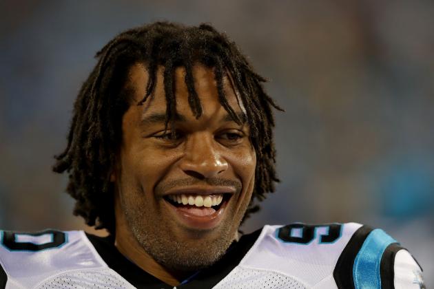 CHARLOTTE, NC - AUGUST 31: Julius Peppers #90 of the Carolina Panthers watches on against the Pittsburgh Steelers during their game at Bank of America Stadium on August 31, 2017 in Charlotte, North Carolina. (Photo by Streeter Lecka/Getty Images)