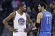 Golden State Warriors' Kevin Durant (35) talks to Oklahoma City Thunder's Enes Kanter (11) during the first half of an NBA basketball game Wednesday, Jan. 18, 2017, in Oakland, Calif. (AP Photo/Marcio Jose Sanchez)